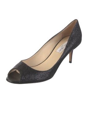 Jimmy Choo Glitter Black Peep Toe Kitten Heels, Black, Size 40
